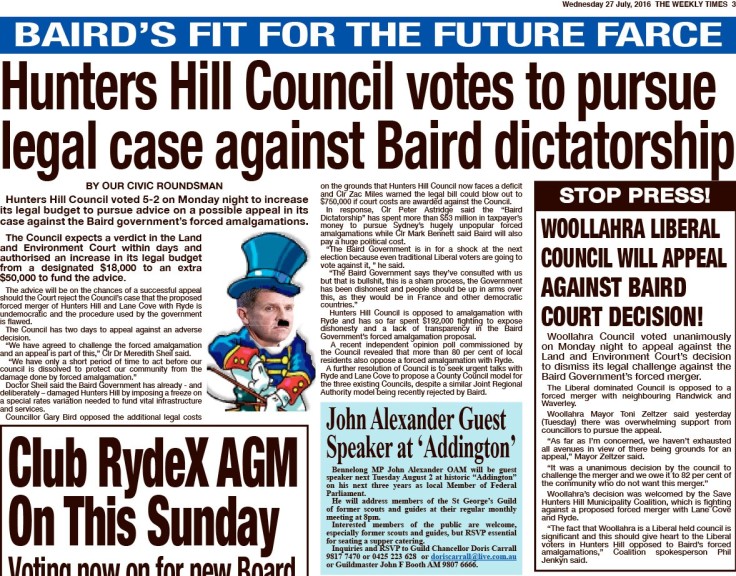 SOCC Hunters Hill Council votes to pursue legal case TWT 27 July 16